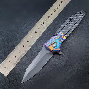 Pocket Folding Knife; 3.15-Inch All-Black Carbon Fiber Handle with Clip Point,  EDC pocket Knife with Window-breaking Hammer for Men Women Camping Survival Hiking