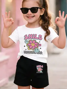 Girls' Smile Face Flower T-Shirt Shorts Set, Vintage Chessboard Print, Comfortable Soft Fabric, Fashion Casual Kids