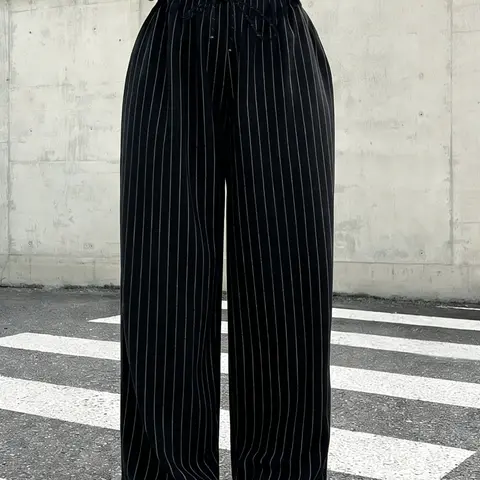 Fashion Stripe Print Wide-Leg Pants with Drawstring Waist, Adjustable, Curve Plus Size Loose Casual Striped Trousers Y2K Clothes Street Style Daily Office Wear Trendy Date Outfits Elegant Commute Wear Casual Chic Bottoms Womenswear
