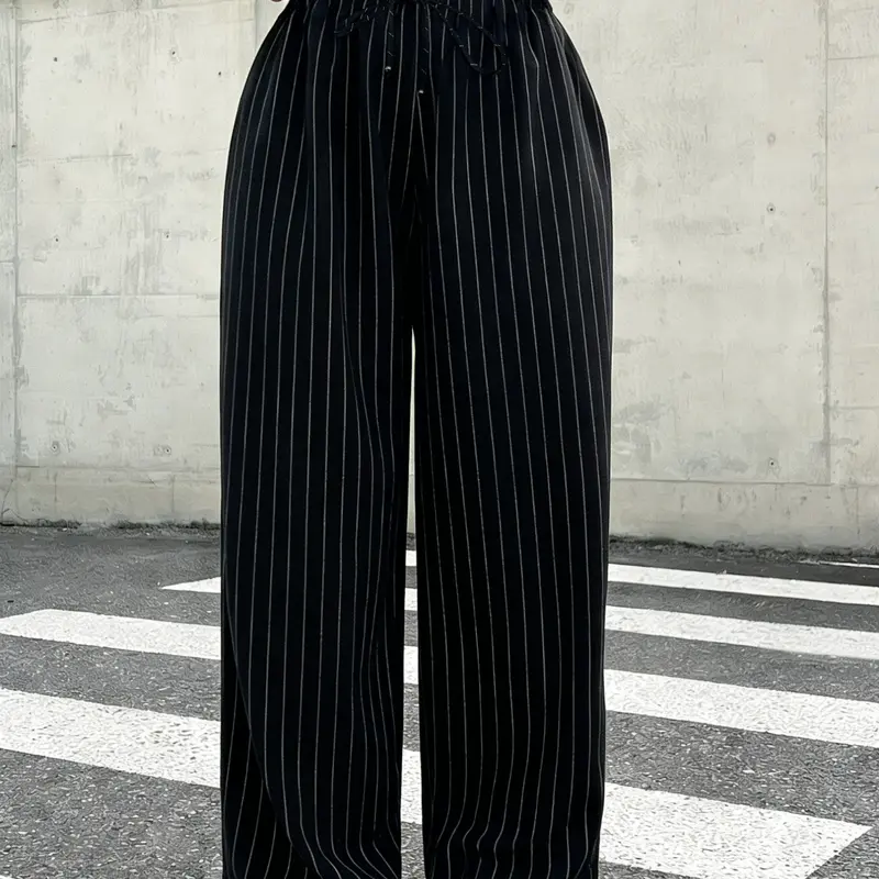 Fashion Stripe Print Wide-Leg Pants with Drawstring Waist, Adjustable, Curve Plus Size Loose Casual Striped Trousers Y2K Clothes Street Style Daily Office Wear Trendy Date Outfits Elegant Commute Wear Casual Chic Bottoms Womenswear