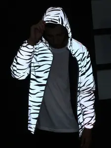 Men's Spring & Fall Fashion Reflective Jacket, Night Glowing Trendy Striped Coat, Zebra Stripe Print, Casual Short Fitted Long Sleeve, Menswear, Hoodie