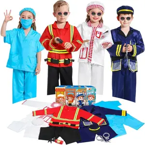 L-B043   Dress Up Clothes for Kids Pretend Role Play Costumes Trunk Toddlers Dress Up Costumes with Fireman Police Doctor Chef Kids Costume Dress Up for Boys Girls Birthday Party Age 3 to 6