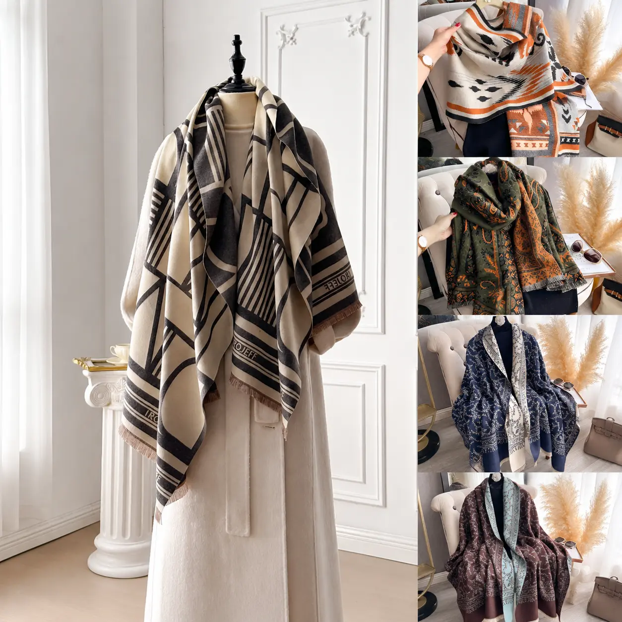 FEITAI Women's Floral Pattern Raw Trim Shawl, Girlfriend Gifts, Imitation Cashmere Long Floral Print Scarf, Casual Soft Warm Thick Double Sided Scarf for Fall & Winter, Fashion Accessories for Daily Wear