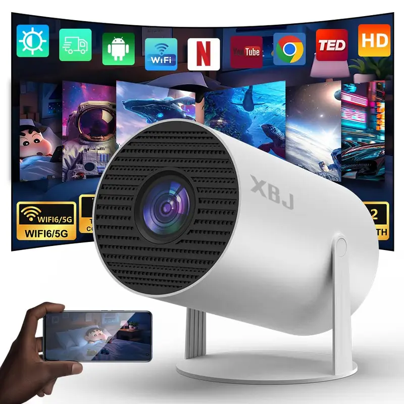 XBJ Smart Mini Portable Projector - 300ANSI, Android 12 Built-In, WiFi, Bluetooth5.4, 4K Decoding, Keystone Correction, 180-Degree Rotation, Short-Throw, ABS Body, Space-Saving, Game-Ready, Large Screen Support, for Home/Outdoor Use (Black Friday)