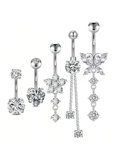 Casual Rhinestone Decor Butterfly & Flower & Heart Design Belly Button Ring, Navel Piercing Body Jewelry, Classic Fashion Accessories for Party, Club, Belly Hoops
