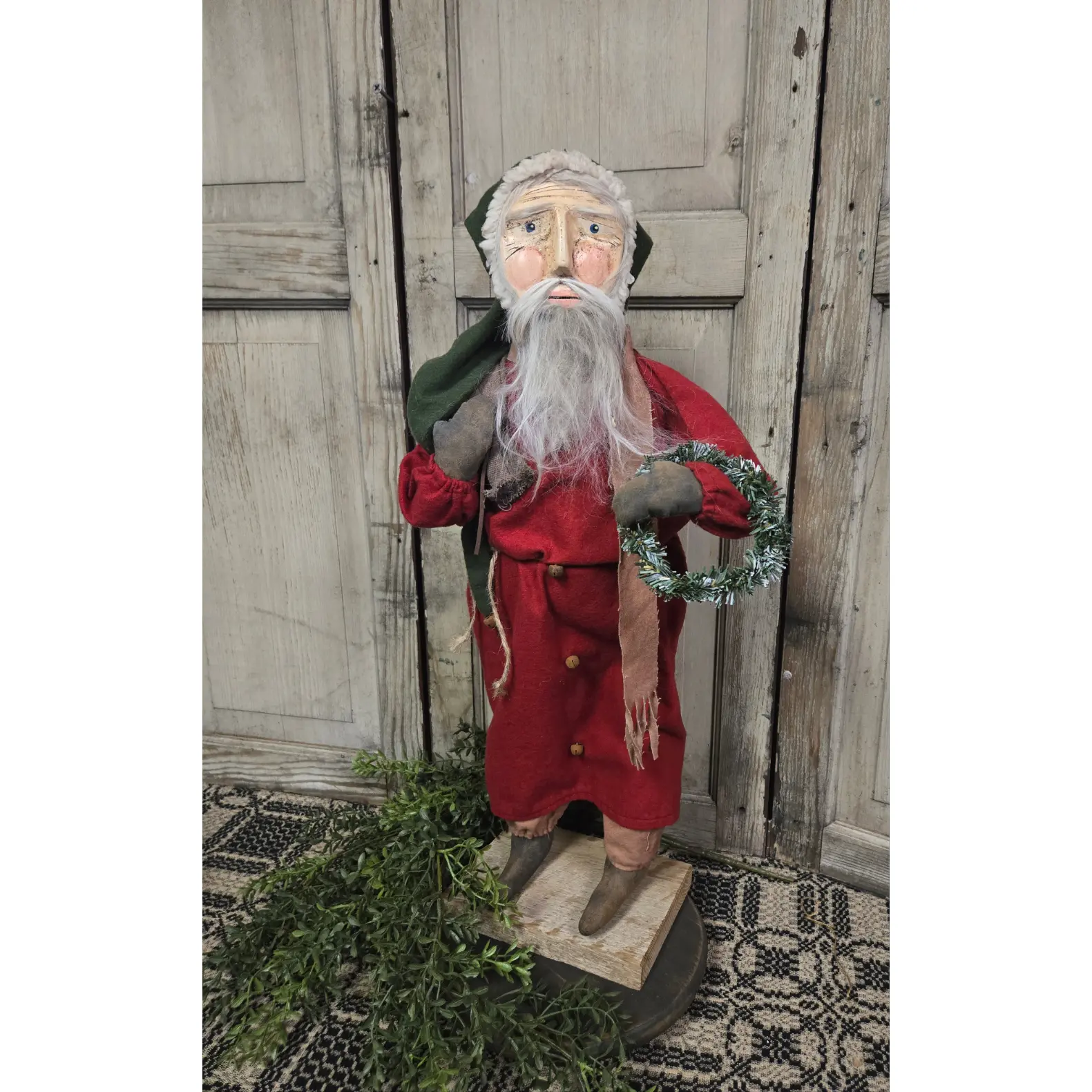 Primitive Santa Figure Holding Wreath and Sack - Christmas Decorative Ornament