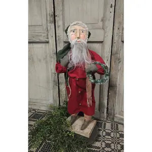 Primitive Santa Figure Holding Wreath and Sack - Christmas Decorative Ornament
