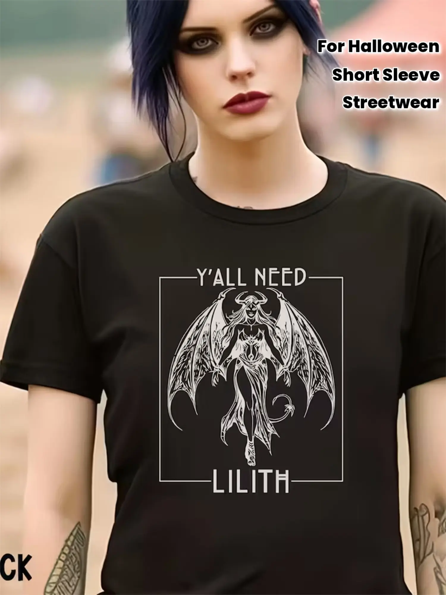 Men's Gothic Lilith Bat Wing  _Y'all Need Lilith_ unisex soft cotton short sleeve t shirt, vintage graphic casual tee for men women teens, perfect birthday holiday gift for camping travel gym daily street  wear