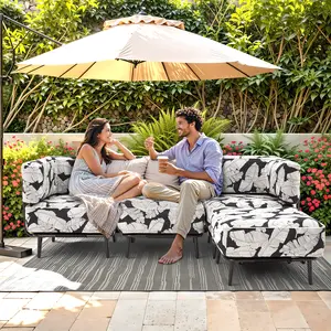 EROMMY 4-Piece Inflatable Outdoor Sectional Sofa Set - Modular Portable Sectional Outdoor Furniture with Waterproof PVC-Oxford Fabric, Aluminum Frame, White/Black Leaf Pattern - Ideal for Patio, Camping