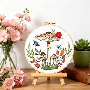 Mushroom and Snail Themed DIY Embroidery Kit, Beginner-Friendly Sewing Art Set, Includes Random Color Tools and English Instructions