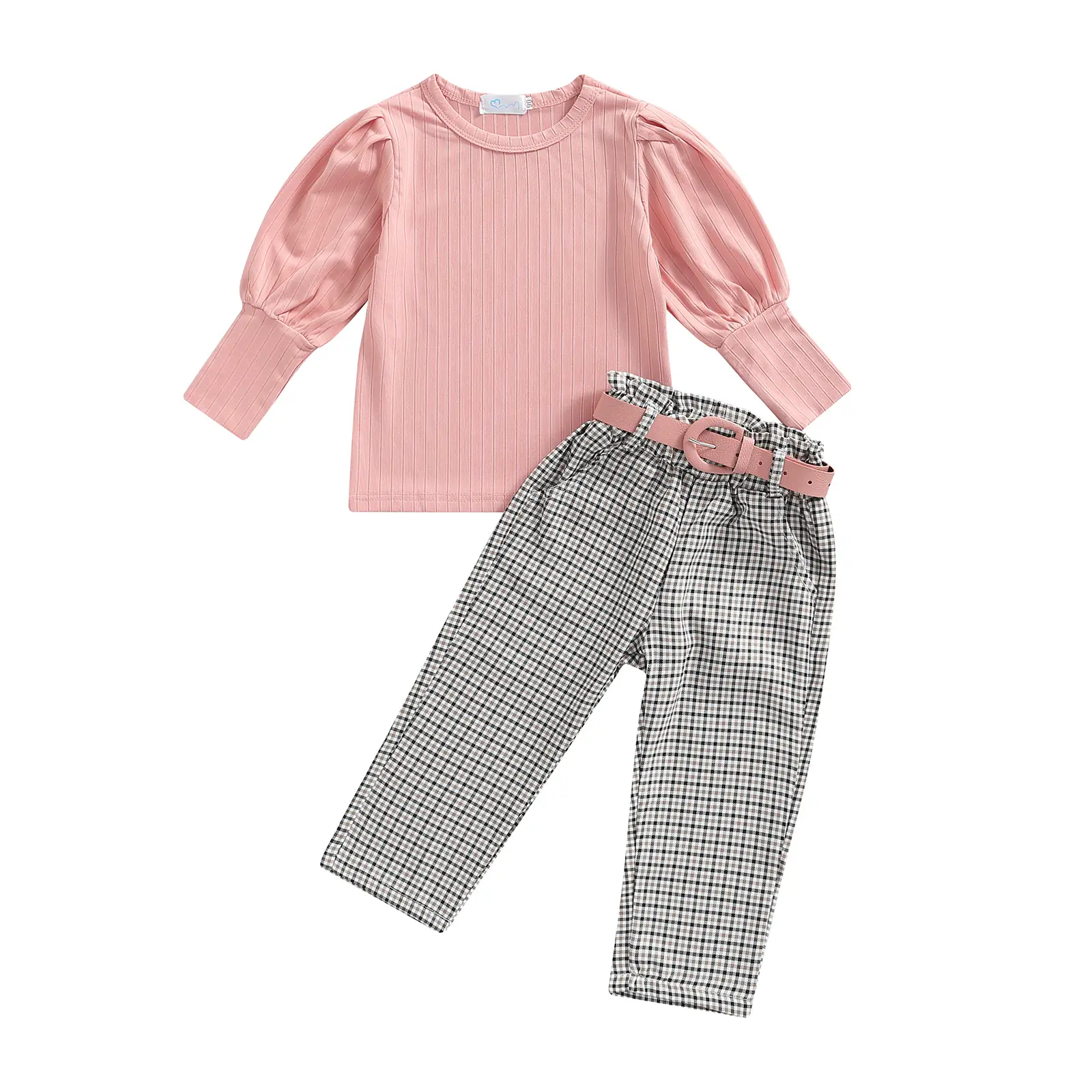 Canrulo Baby Girls Clothes Set Ribbed Cotton Shirt Tops Plaid Long Pants 2pcs Kids Toddlers Outfits with Belt