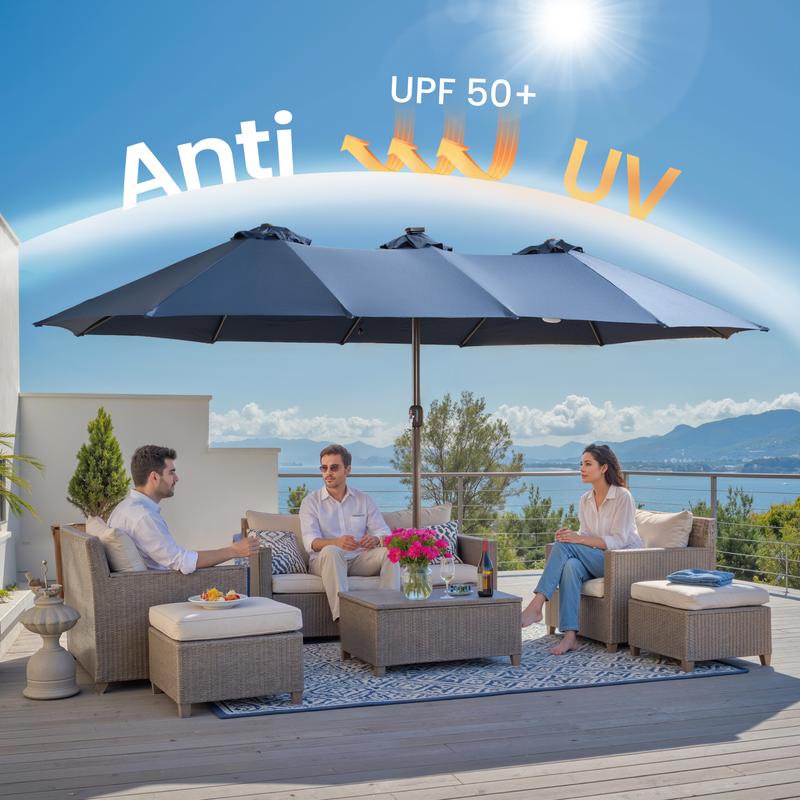 【Solar Lights Umbrella & Table】Ovios 15ft Double-Sided Patio Solar Lights Umbrella with 25" Coffee Table , Outdoor Large Umbrellas with Crank Handle and 36 LED Lights, Rectangular Market Umbrella with Base Included for Deck Pool Shade 【Solar Lights Umbrella & Table】Ovios 15ft Double-Sided Patio Solar Lights Umbrella with 25" Coffee Table , Outdoor Large Umbrellas with Crank Handle and 36 LED Lights, Rectangular Market Umbrella with Base Included for Deck Pool Shade