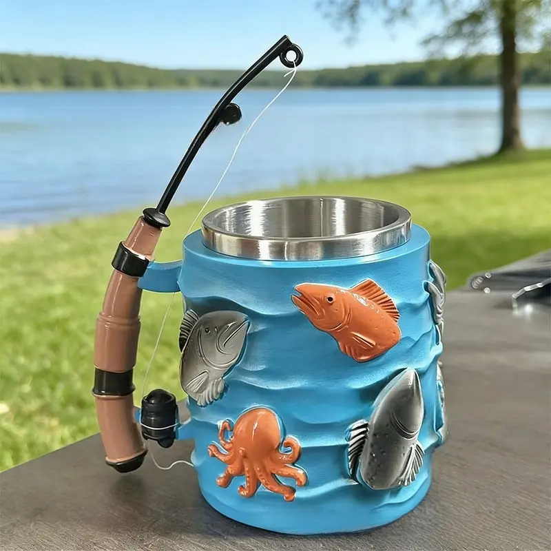 3D Funny Fishing-Themed Stainless-Lined Sturdy Tumbler, Ultra-Durable Resin Washable Drink Cup for Iced Tea, Outdoor Adventurers