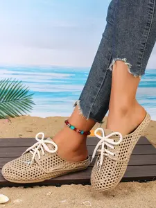 Women's Summer Mesh Mules, Breathable Tie-Strap Butterfly Star Decor, Casual Outdoor Sandals, Lightweight Rubber Sole, Classic Style