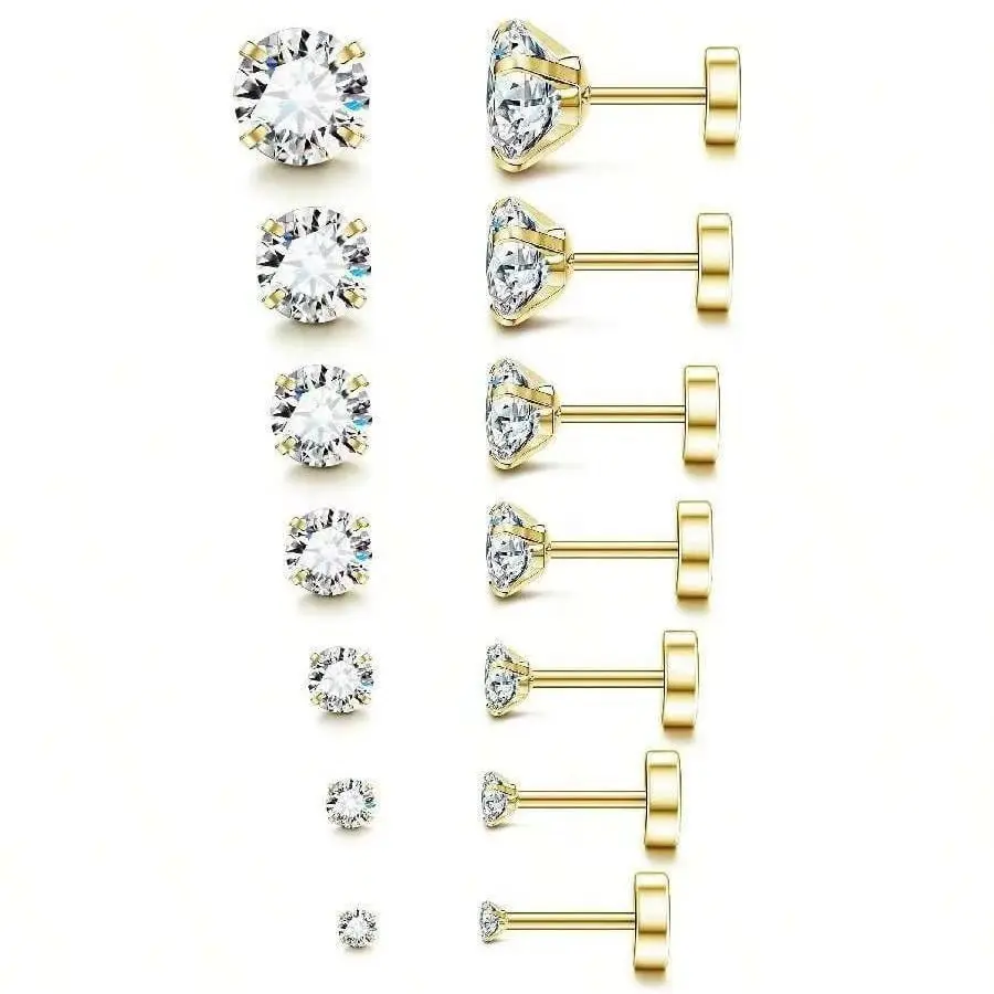 Stainless steel piercing jewelry with AA zirconia, round disc stud earrings, four-prong zirconia ear bone studs