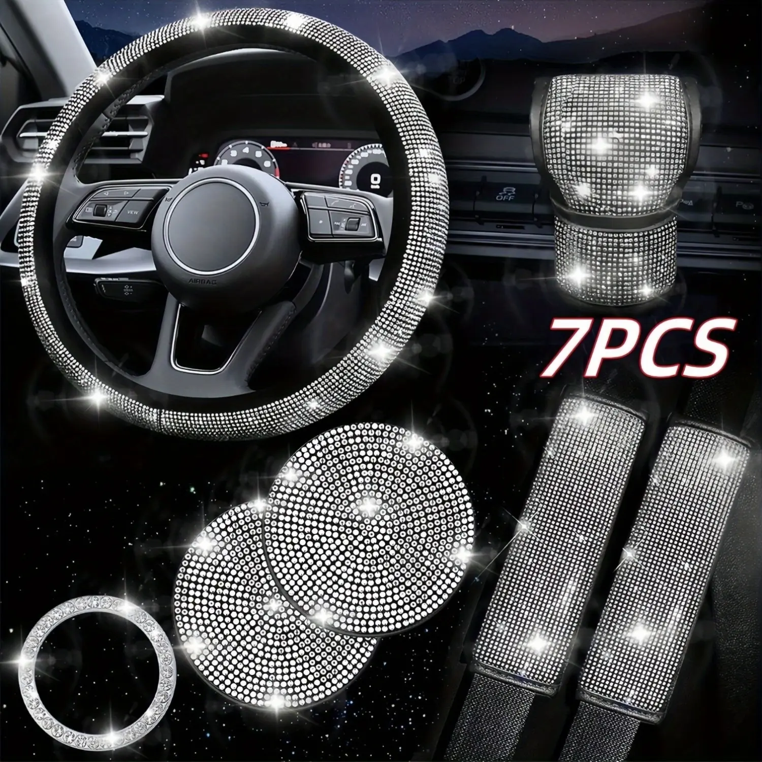 YASEENLIN Rhinestone Bedazzling Car Accessories Kit - 7pcs Clip-On Sparkling Decor Set with Steering Wheel Cover, Coasters, Seat Belt Pads, Gear Shift Cover & Air Vent Clips for Women's Car Interior, Rhinestone Bedazzling Kit, Accessories For Car, Rhinest