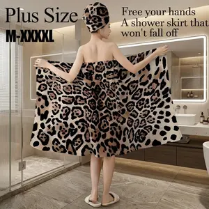 2 Pcs Trendy Brown Leopard Print Bath Wrap Towel Set, Plus Size M‑XXXXL, Non‑Slip Absorbent Shower Skirt, Multi‑Use for Spa, Beach & Holiday Party Gifting