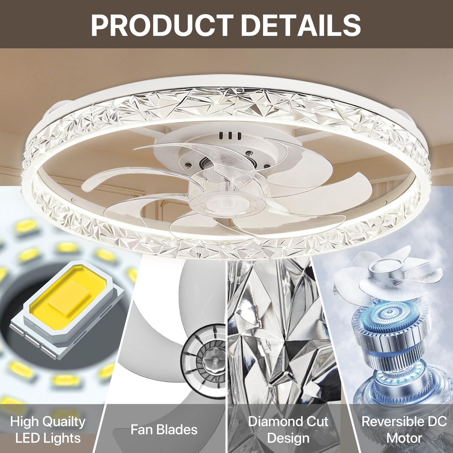 GALENTAL Cristais Multifunctional Ceiling Fan with 3 Color Temperatures Light, Remote Control/APP, 6 Wind Speeds, Timer, Reversible DC Motor, Adjustable Brightness , Low Noise for Living Room, Bedroom, Indoor Lighting Led Lighted
