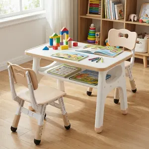 Arlopu Kids Table and 2 Chairs Set, Children Activity Table with Large Built-in Storage, Graffiti Desktop, Adjustable Height Toddler Chair with Anti-Slip Foot Covers for Reading, Drawing, Snack Time				