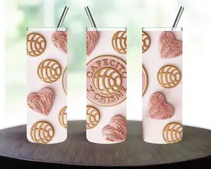 Cafecito y Chisme 20oz Skinny Tumbler Pink & Gold Concha Heart Pan Dulce Design Includes Lid & Straw Made to Order Drinkware