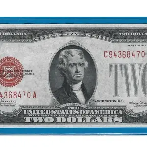 1928 US $2 Red Seal Banknote, Crisp Ungraded Non-Circulating Collectible Paper Money