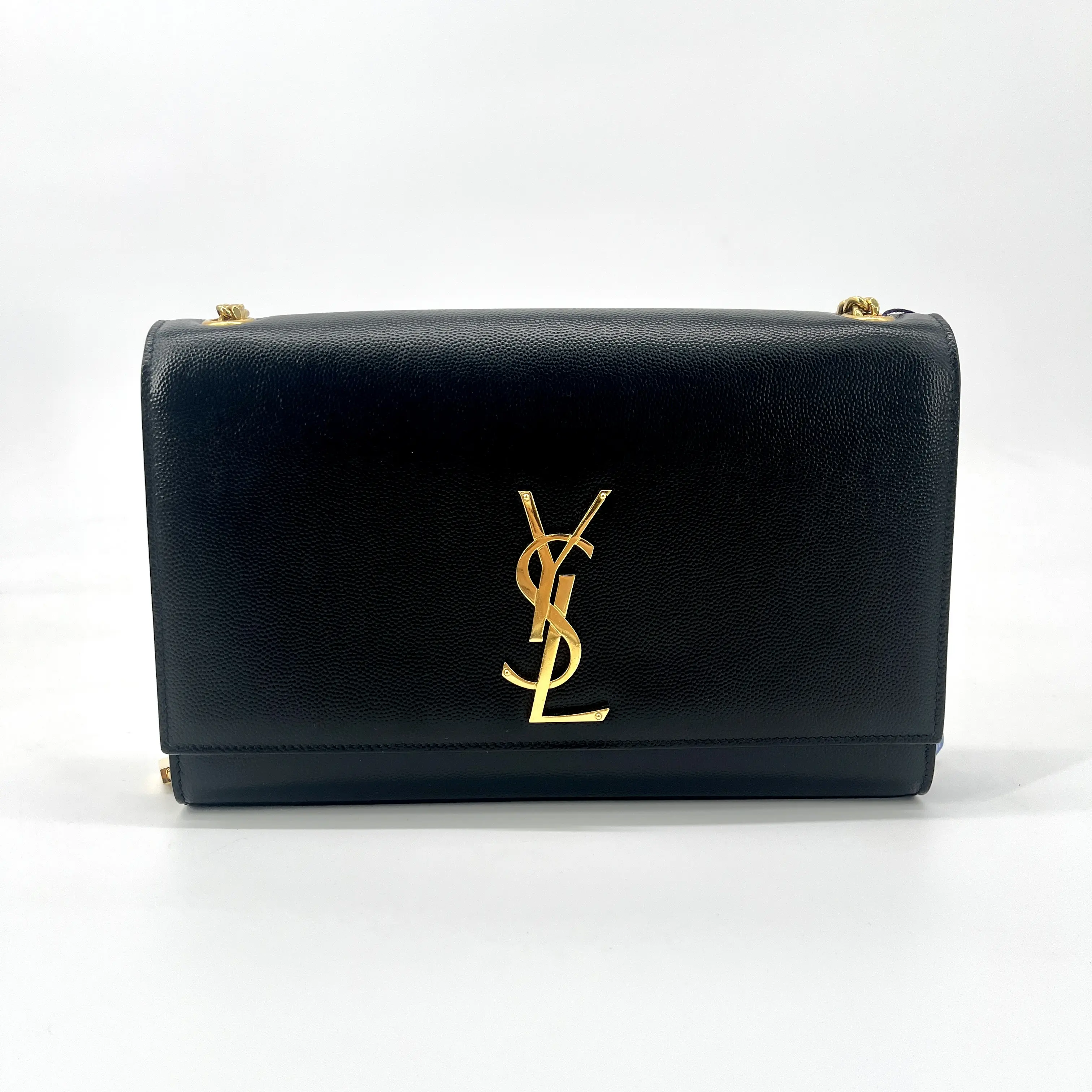 Pre-owned Yves Saint Laurent Calfskin Crossbody Bags Kate Medium Grain de Poudre Shoulder Bag Black Gold, Crossbody Bag with Snap, Cassandre Logo, Clean Silhouette & Efficient Interior