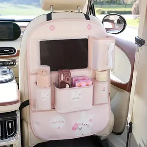 Car Seat Back Storage Bag with Kick Pad, Multi-Functional Organizer, Cute Cartoon Design, PVC, Includes Water Bottle Holder