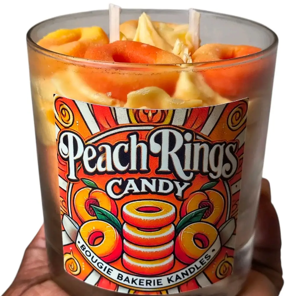 Bougie Bakerie Kandies Peach Rings Candy Scented Candle in Clear Glass Container Featuring Peach Rings Design
