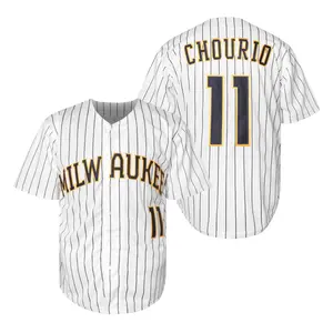 Men's baseball jersey #11, white striped shirt, embroidered V-neck, polyester fiber, breathable and quick-drying sports wear outdoors, baseball fan gift.