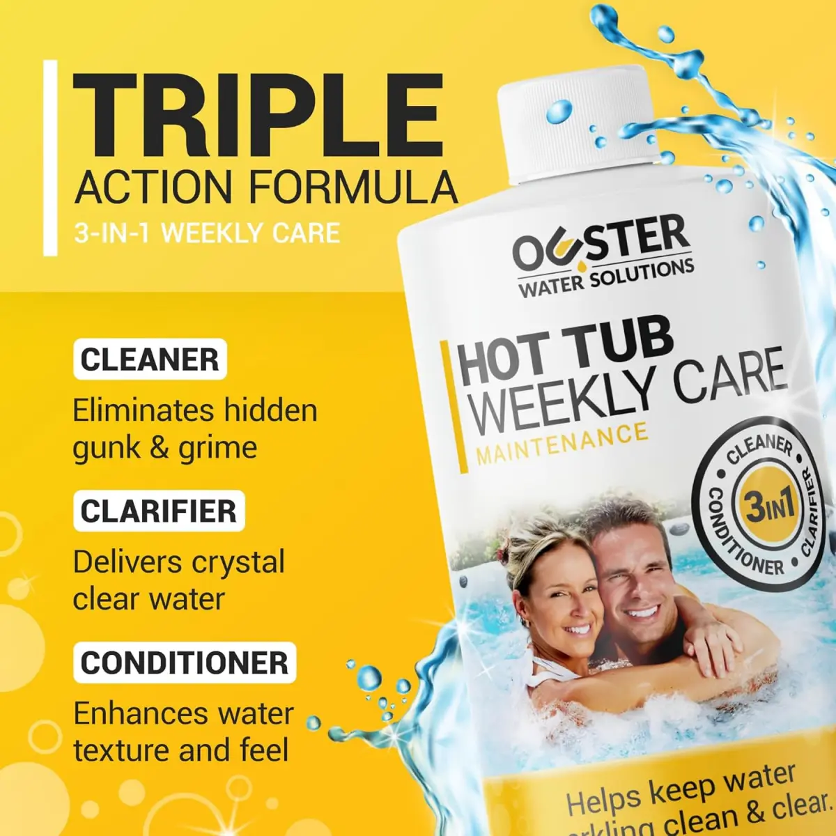 3in1 Weekly Hot Tub Cleaner, Conditioner, Clarifier - Hot Tub Chemicals for Standard & Inflatable Spas - Spa Chemicals for Crystal Clear & Sparkling Clean Water - Made in USA (32oz)