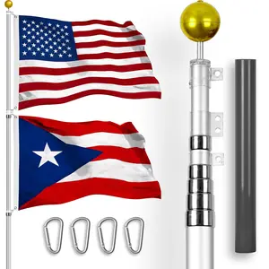 G128 Combo Pack: 25 Ft Telescoping Aluminum Flagpole (Silver) & American and Puerto Rico Flags 3x5 Ft, Both StormFlyer Series Embroidered 220GSM Spun Polyester | Pole with Flags Included