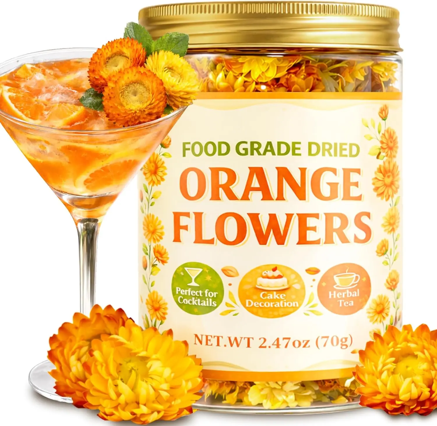 90+ Edible Dried Flowers for Cake Decorations, 100% Natural Dried Strawflowers Orange & Yellow for Cocktails Garnish, Drink Botanicals and Baking