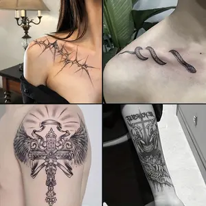 4 Large Herbal Tattoo Stickers, Including 1 Wing Element, 2 Collarbone Elements, and 1 Anime Element, Lasts 7-15 Days, Waterproof and Wear-Resistant, Realistic Effect, Suitable for Those Afraid of Pain and Not Wanting Tattoos