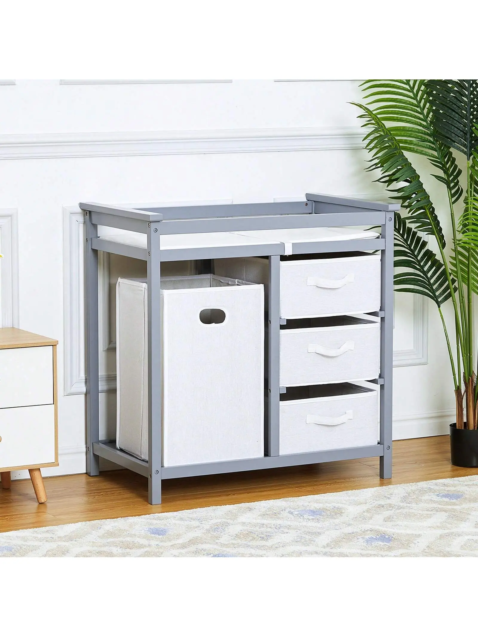 Wooden Baby Changing Table, Diaper Changing Table, Infant Diaper Changing Station Dresser With Laundry Hamper, 3 Drawer Basket And Changing Pad