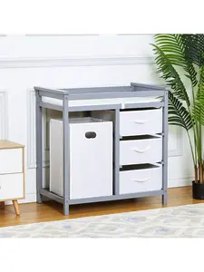 Wooden Baby Changing Table, Diaper Changing Table, Infant Diaper Changing Station Dresser With Laundry Hamper, 3 Drawer Basket And Changing Pad