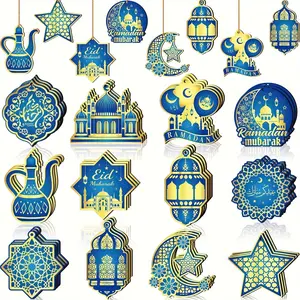 24 Pcs Ramadan Ornaments, Eid Mubarak Hanging Castle Lantern, Star Moon Ornaments for Christmas Tree, Blue Decorations