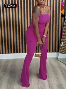 Women's Solid Color Split Side Fitted Tube Top & High Waist Flare Leg Pants Set, Casual Style Fashion Two-piece Outfits for Daily Outdoor Wear, Ladies Summer Clothes, Womenswear