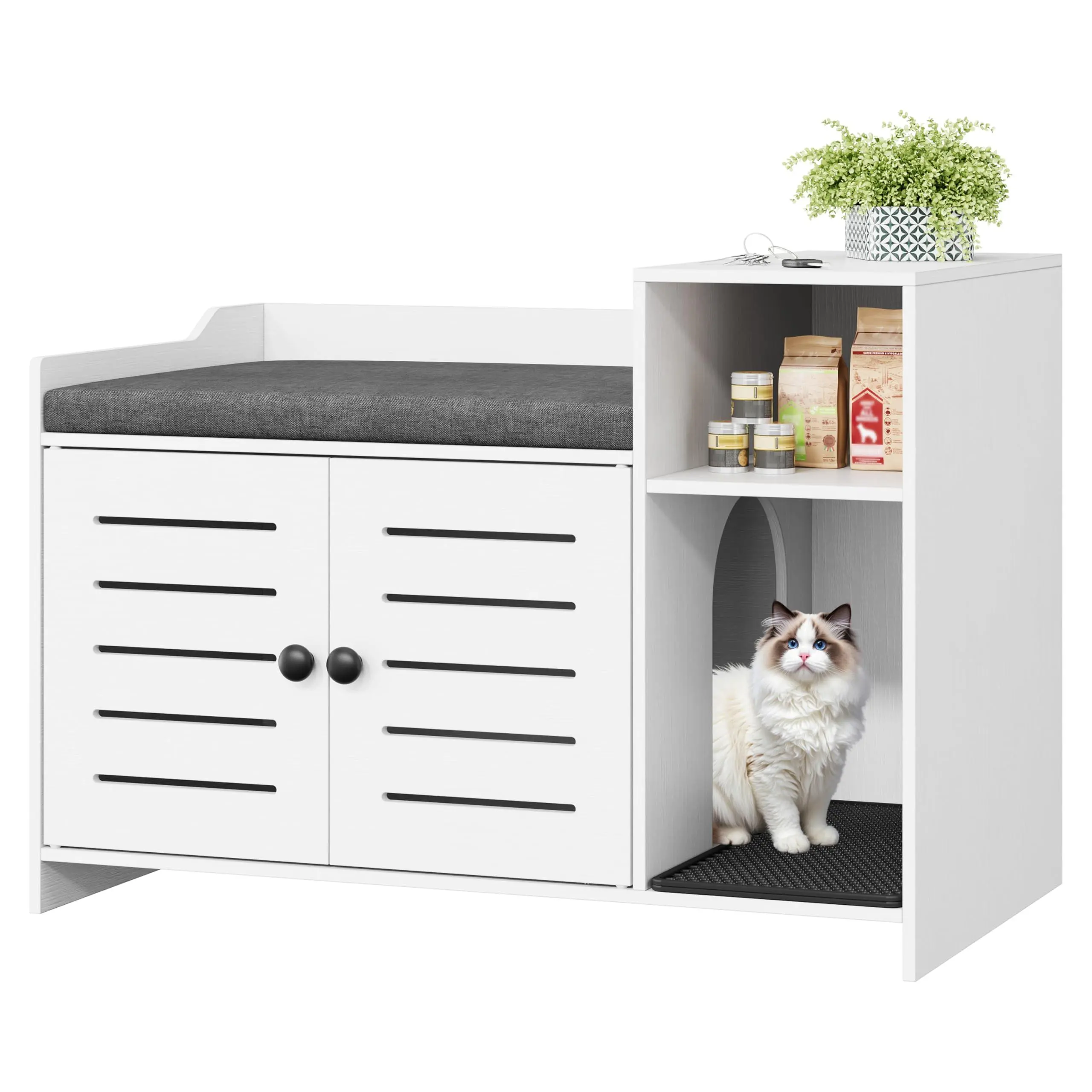 White Farmhouse Litter Cabinet Enclosure with Double Doors, Built-In Scratch Pad, Spacious Storage Layer, Odor Control, Hassle-Free Assembly, Private Restroom for Modern Living Spaces