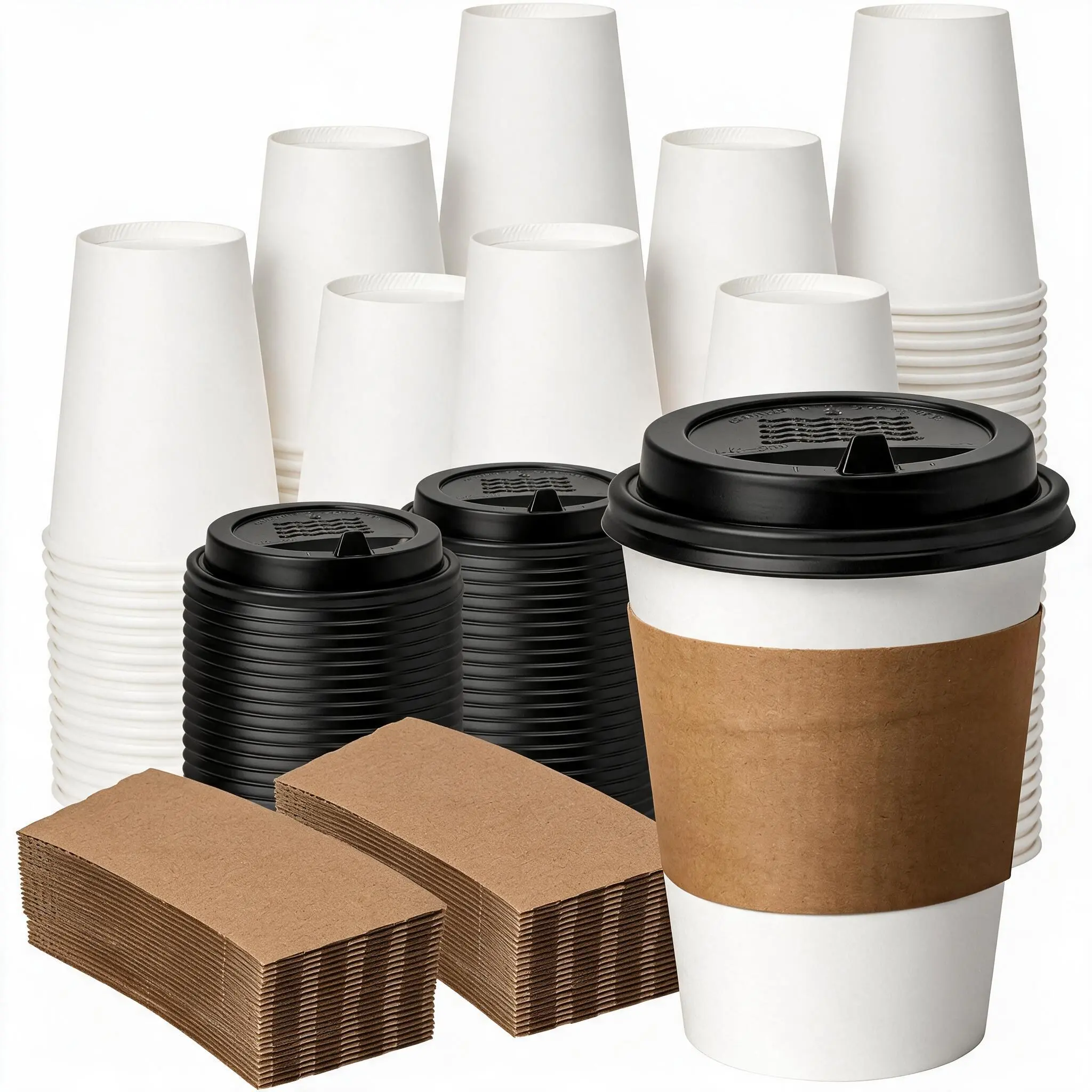 MOUMOULIFE 12oz Disposable Cups Bulk Pack Tableware Set - Durable, Sturdy Rolled Rim, Leak-Proof Lids, Heat-Resistant Kraft Sleeves, Non-Toxic, Stirrer-Ready Sip To-Go Hot Coffee Drinks Cups, Ideal for Cafes (100-with lids and sleeves)