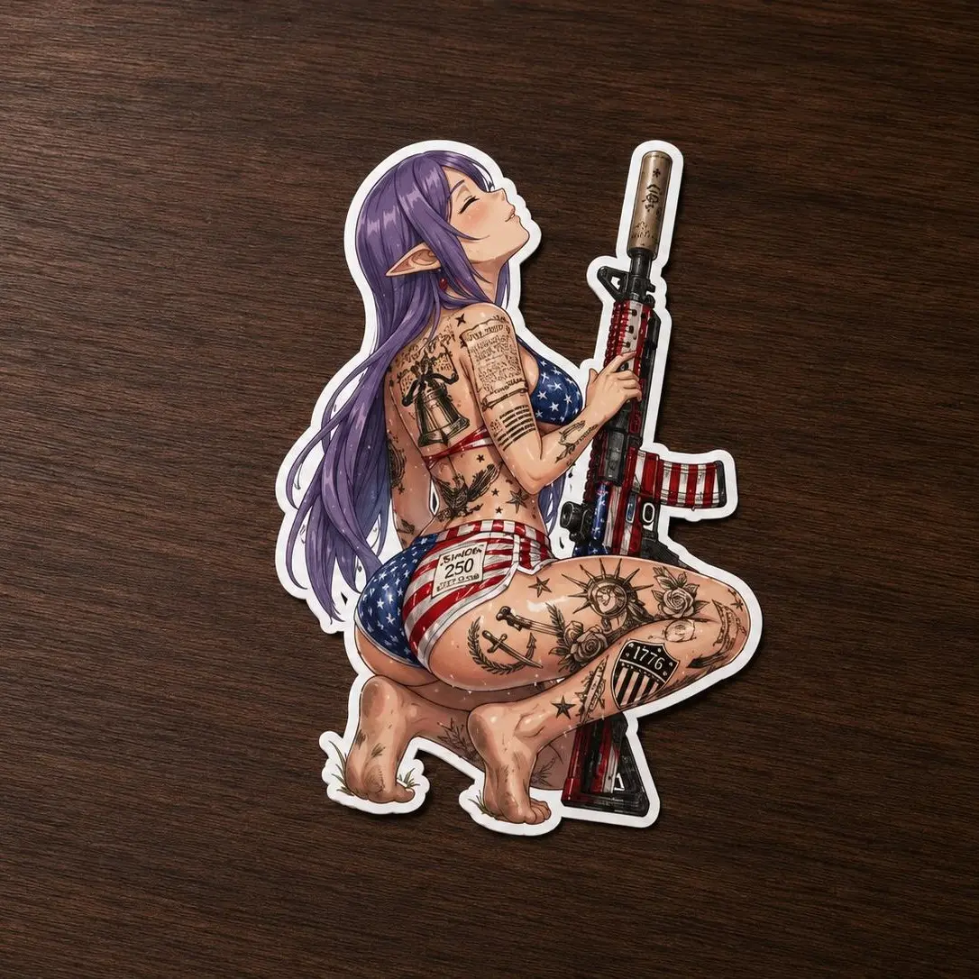 Patriotic Warrior Frieren Girl Sticker, USA Flag Anime, Freedom,Waifu Gun Girl Vinyl Decal, Cute Military Anime