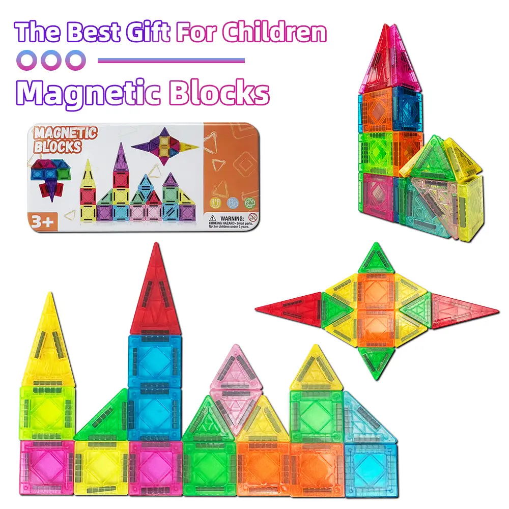 Unisex 40PCS Mini Magnetic Geometric Interlocking Building Blocks, DIY Building Set for Preschoolers Ages 3+, Learning Educational Sensory Toys, Portable Travel Imaginative Play Kit