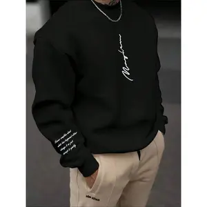 Men's Casual Loose-Fit Round Neck Sweatshirt, Handwritten Print Design Pullover, Fashionable Streetwear for Fall & Winter Outdoors