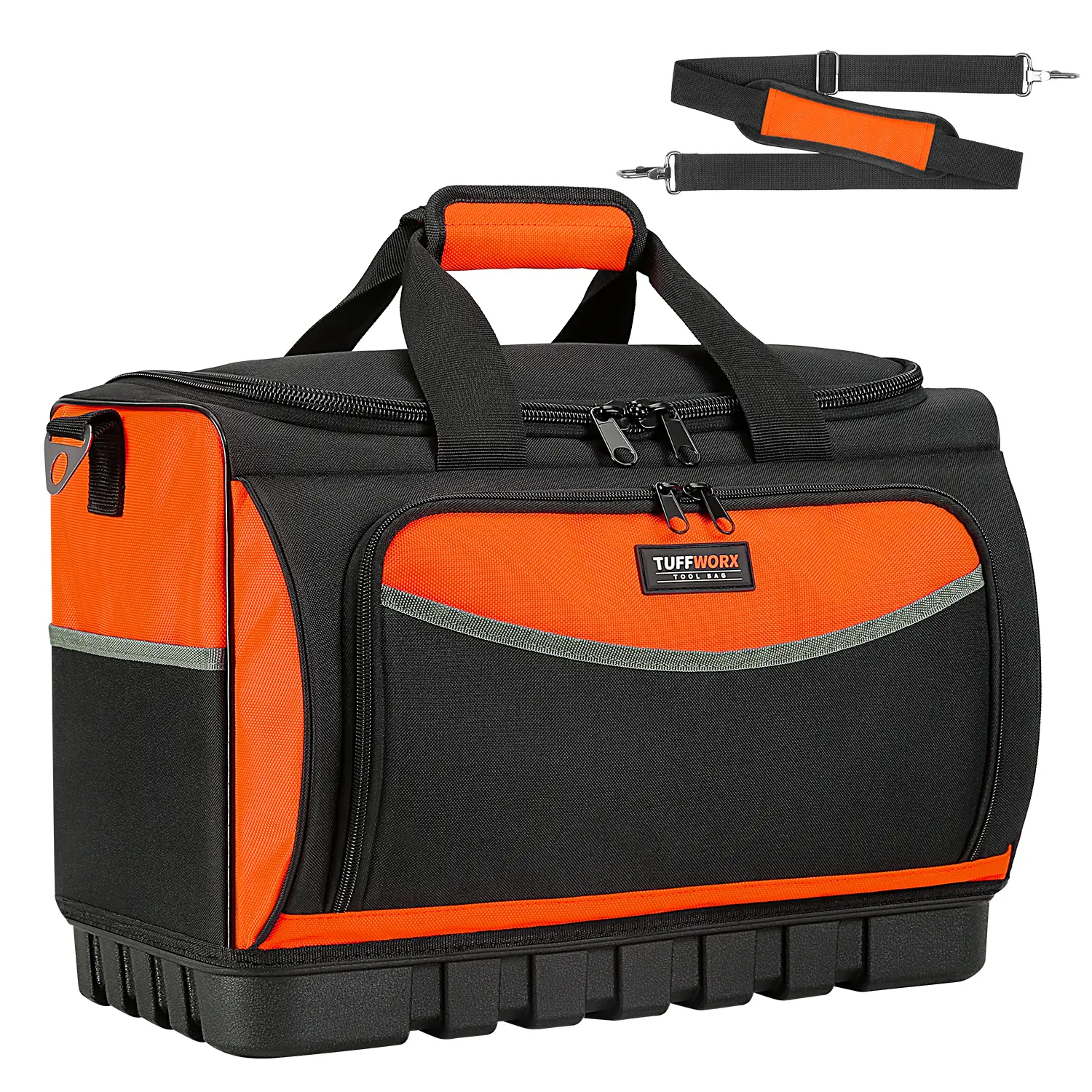 TUFFWORX Heavy Duty Tool Bag, Large Tool Bags 20inch, 18 Pockets, 19.6x 12.9x 11.8 inch, Heavy Duty 600D Fabric, Black and Orange Tool Bag Organizer Tool Pouch