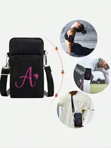 Silver Zipper Black Mobile Phone Storage Shoulder Bag, Rose Red Sequin Letters A-Z, Fashionable And Convenient Outdoor Activity Accessories Mini Mobile Phone Bag