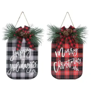 Young's metal mason jar shaped wall sign w/pinecones (s/2)