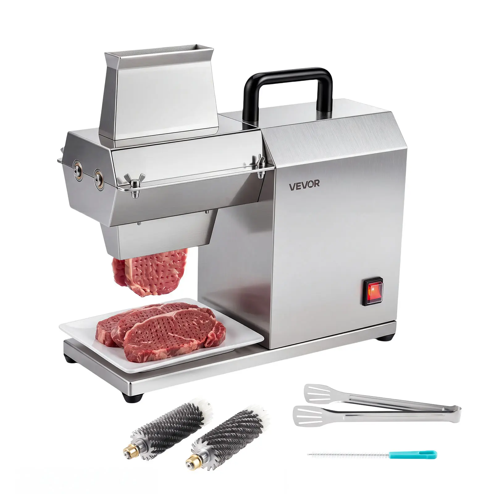 VEVOR Commercial Electric Meat Tenderizer with 450W Motor, 265 Lbs/H Heavy Duty Stainless Steel Tool, 54 Blades, Food Tong, Cleaning Brush, Wide Feed Chute for Beef, Turkey, Chicken