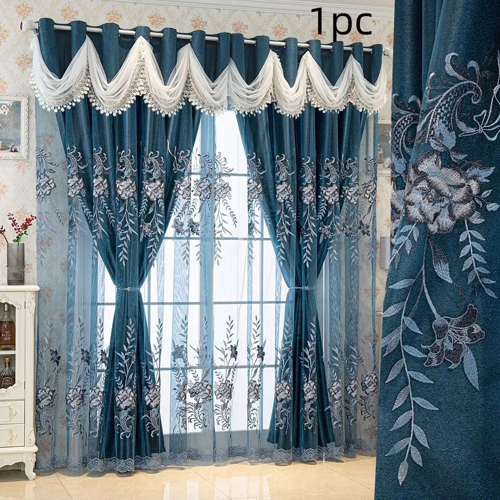 1pc Peacock Blue Lace Floral Embroidered Curtains, Window Curtain, Wave Header Drapes, Ideal for European Romantic Bedrooms, Living Rooms, Balconies, Room Decor Curtain, Home Decorative Curtain, Home Decoration Curtain