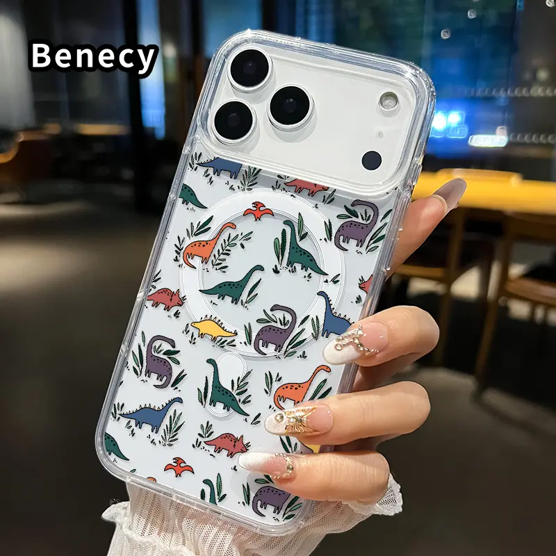 Magnetic Phone Case for iPhone 17/16 Pro Max Plus/15/14/13/12/11/Air/E - Dino Delight Printed, Acrylic Hard Back, Soft Silicone Edge, Water-Resistant, Transparent, Shockproof Safety Cover for Handheld Wireless Devices & Accessories
