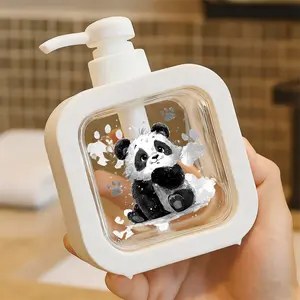 Moisturizing Soap Pump Bottle, Cute Cartoon - Style Baby Panda Soap Dispenser with Watercolor - Like Textures, Black & White Panda Design, Ideal for Kitchen Sink and Bathroom Decor, Playful Paw Prints & Star Shapes