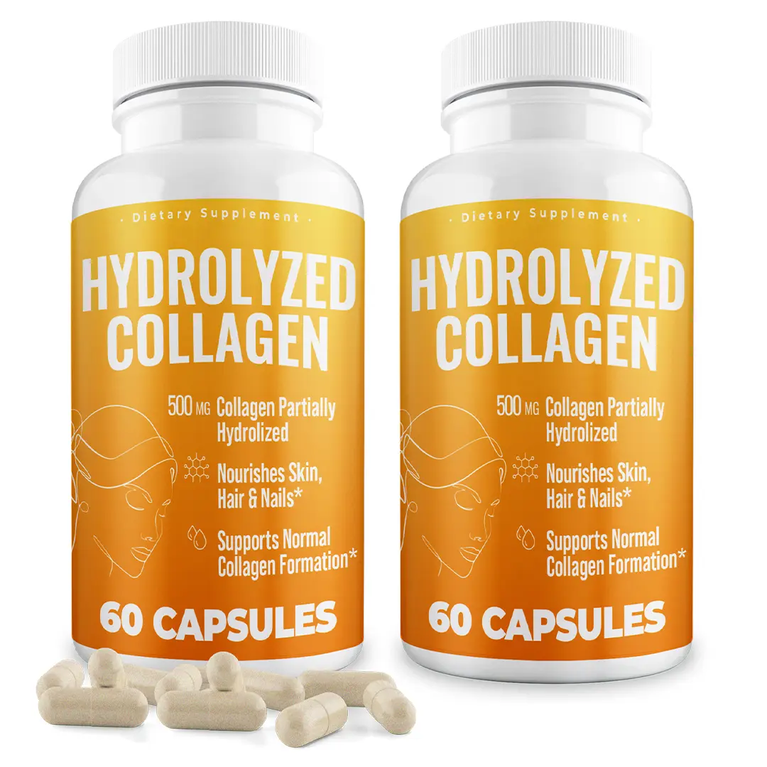 Hydrolyzed Collagen – 500mg Partially Hydrolyzed – Nourishes Skin, Hair & Nails* – Supports Normal Collagen Formation* – 2 Bottles (120 Capsules) – Made in USA Anti Aging Supplement Edible Dietary Health Fitness Beauty Healthcare Colagen Natural